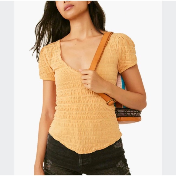 Free People Sugar Cube Smocked Unfinished V Neck Reversed Seams Tee Mustard Sz S - Picture 1 of 10